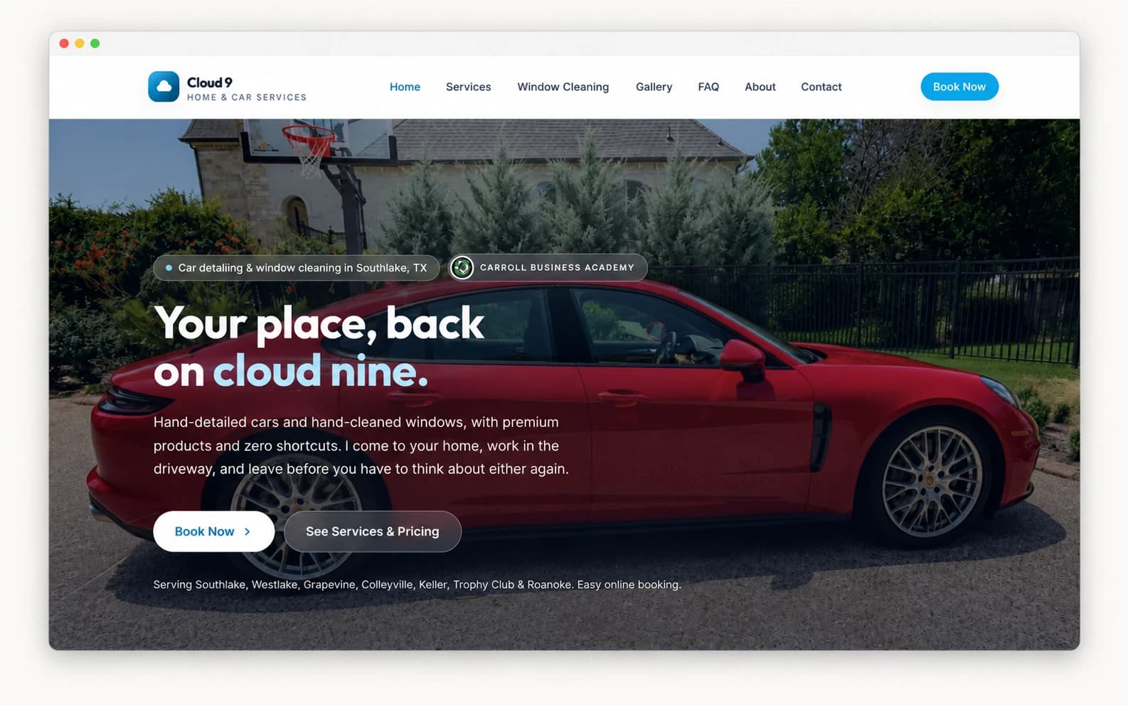 Cloud 9 Home and Car Services website with a booking call to action and a red car photographed on a driveway