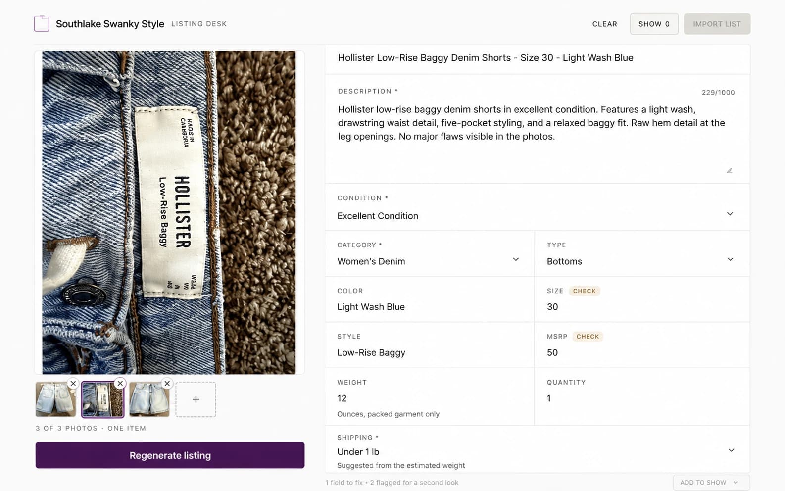 Southlake Swanky Style listing desk showing garment photos, an editable product description and flagged fields for review